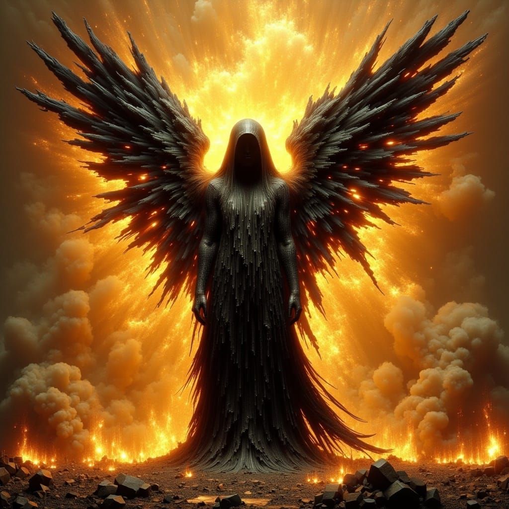 Cyberpunk Angel Unfurls Fiery Wings Amidst Industrial Apocal...
