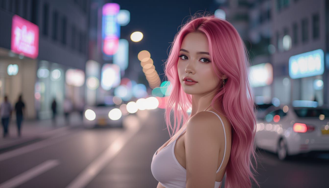 Sensuous Woman with Pink Hair in Urban Night Scene