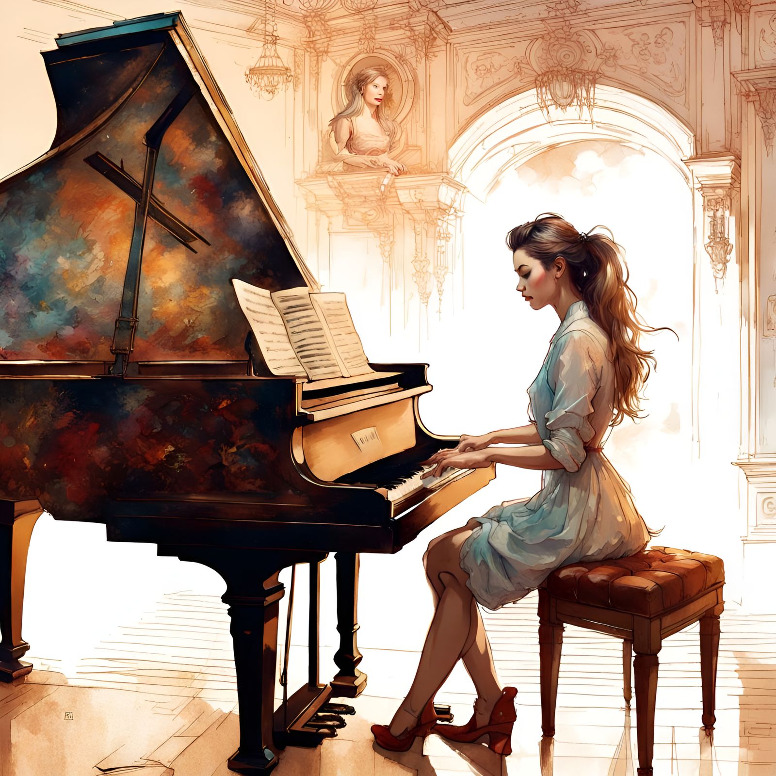 Elegant Woman Plays Piano: Digital Illustration