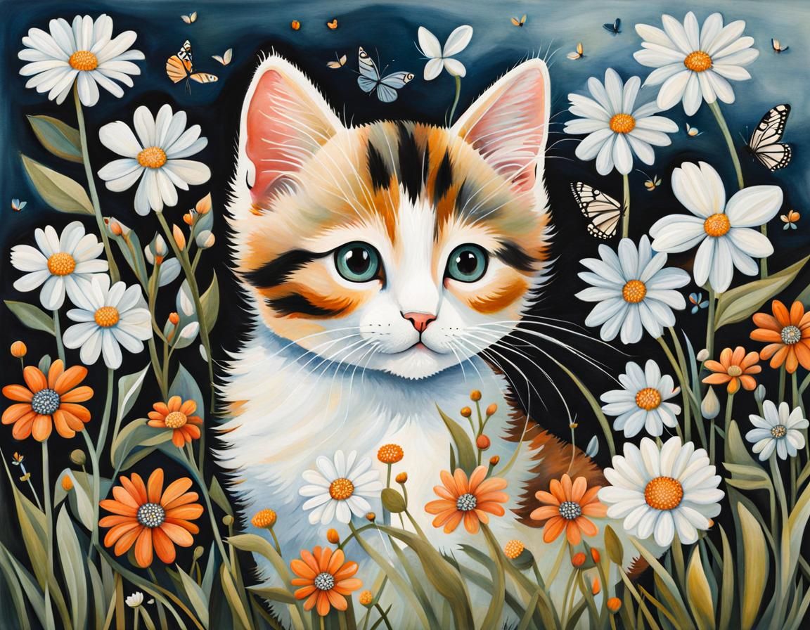 Calico Kitten's Butterfly Chase: Detailed Garden Scene
