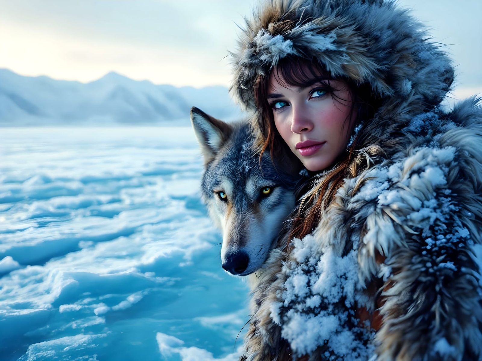 Nomadic Woman and Wolf on Frozen Siberian Lake
