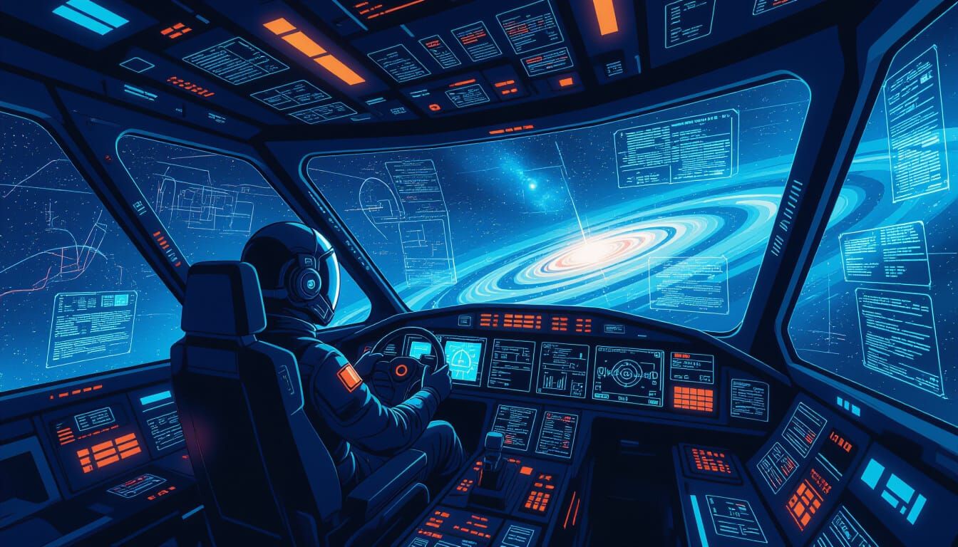 Futuristic Glitchcore Cockpit Navigating Space