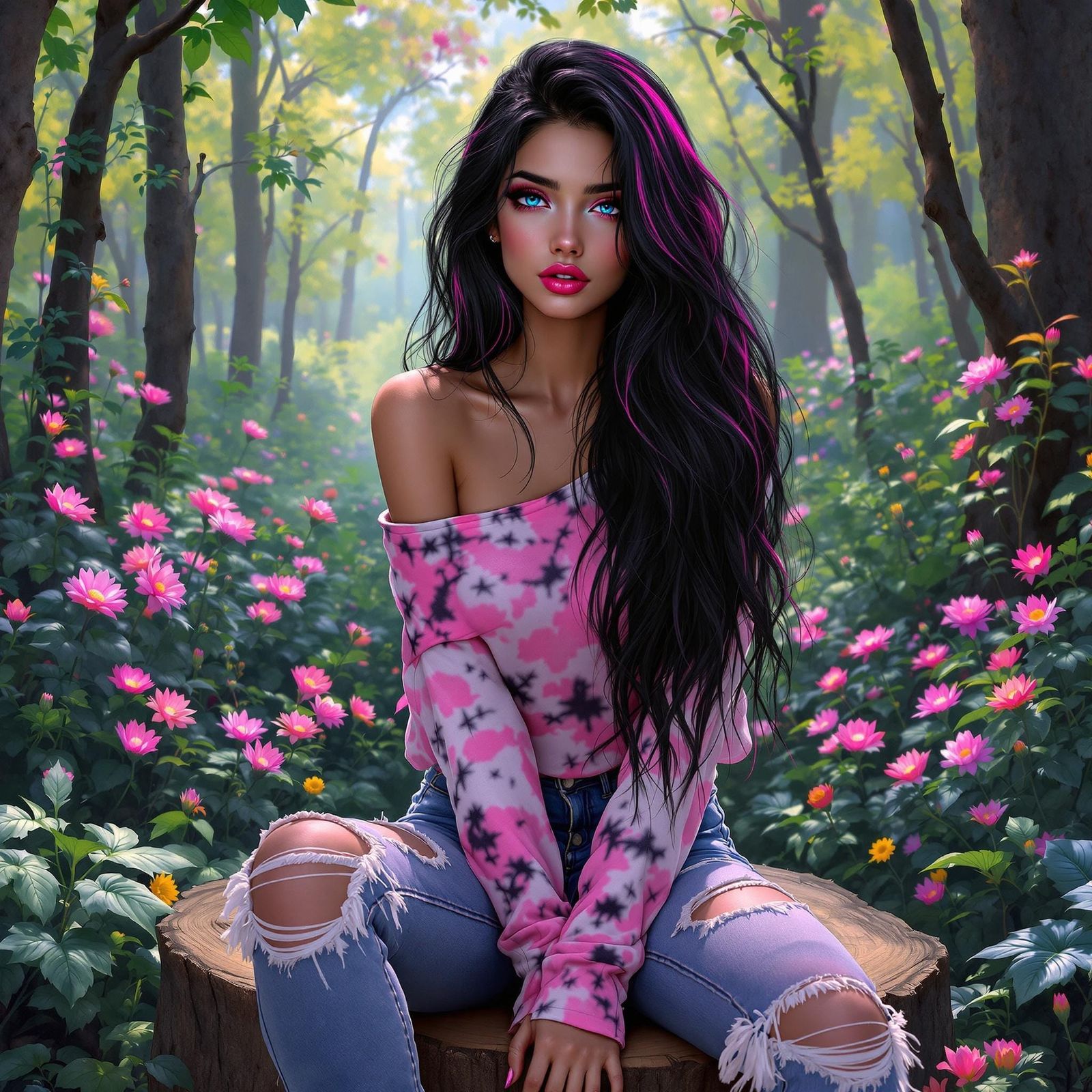 Photorealistic beautiful girl , long layered black neon pink...