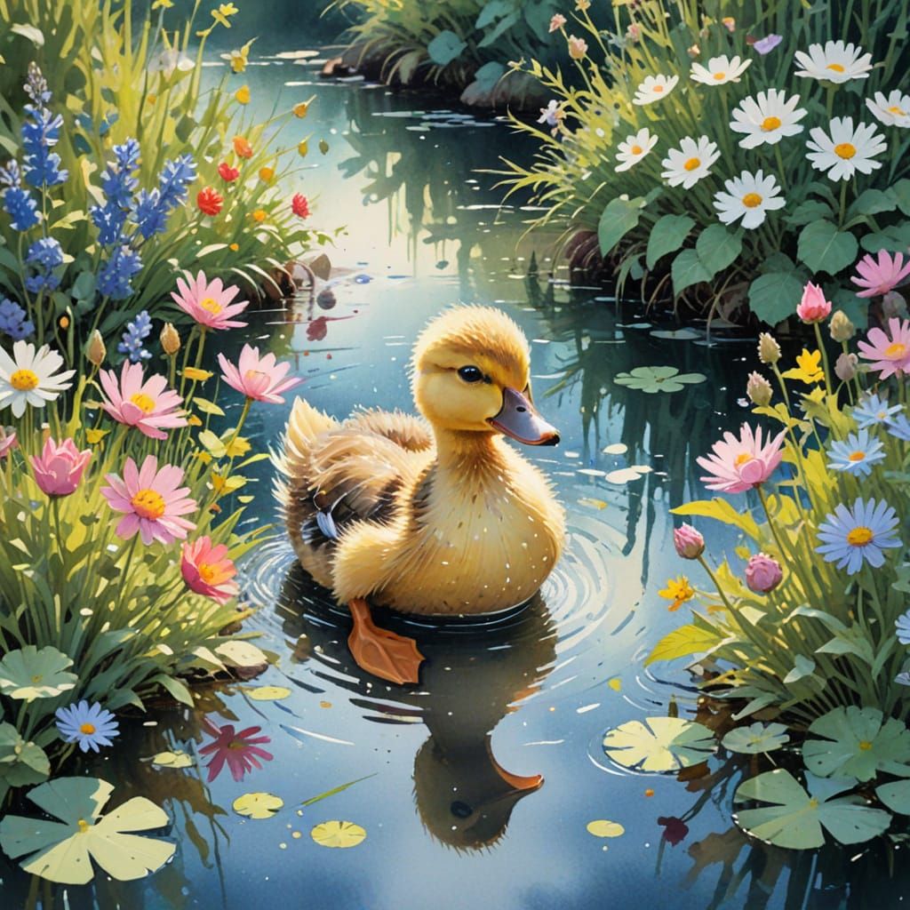Duckling in Sunlit River Garden, Watercolor Art