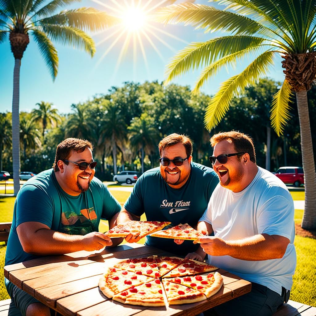 Men Eating Pizza at Picnic Table in Florida