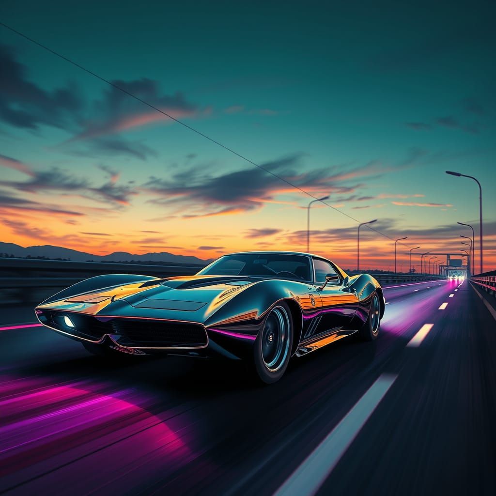 Futuristic Chrome Plated Car Speeds Down a Neon Highway