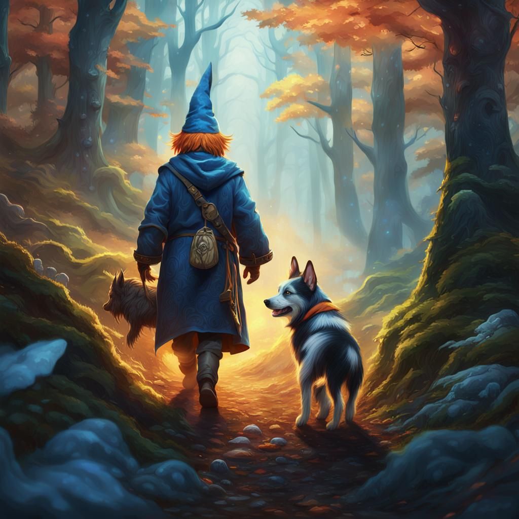 Gnome Rides Dog Through Mystical Forest
