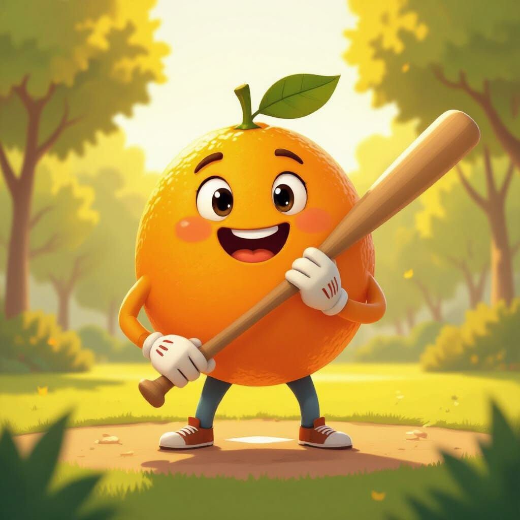 Cheerful Orange Fruit Man With Baseball Bat in Park
