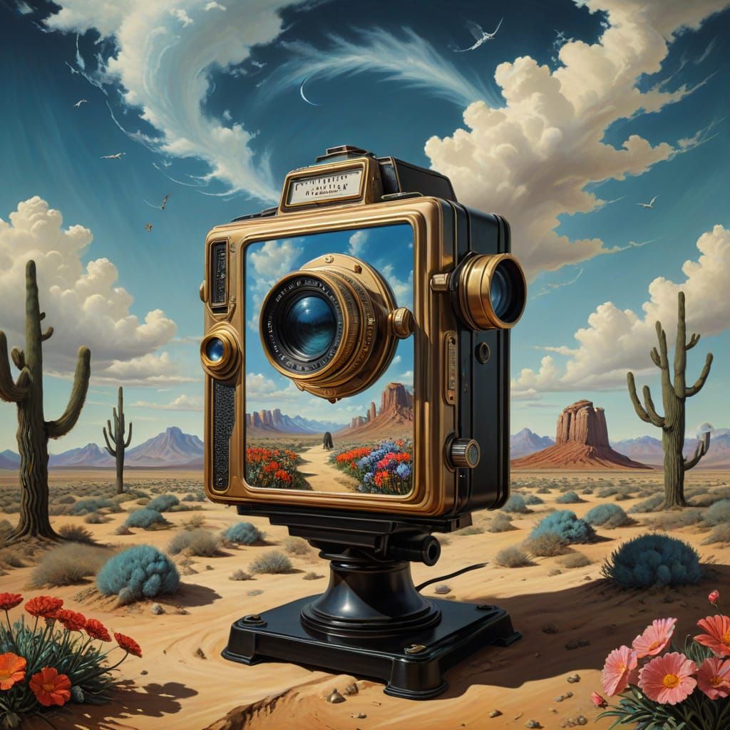 A colossal vintage camera stands amidst a surreal desert landscape, its lens acting as a portal to a lush, otherworldly ...