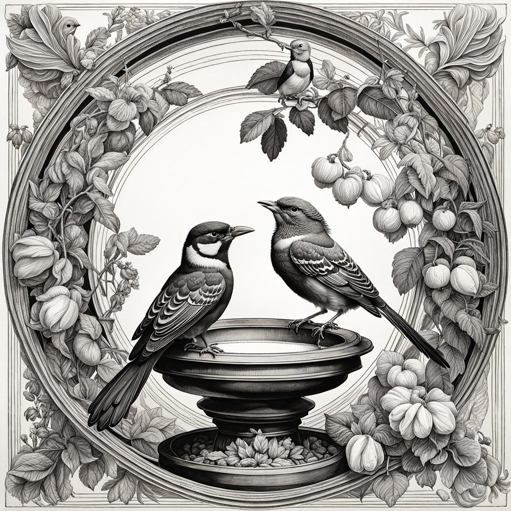 Birds at Feeder: Hyperrealistic Line Art