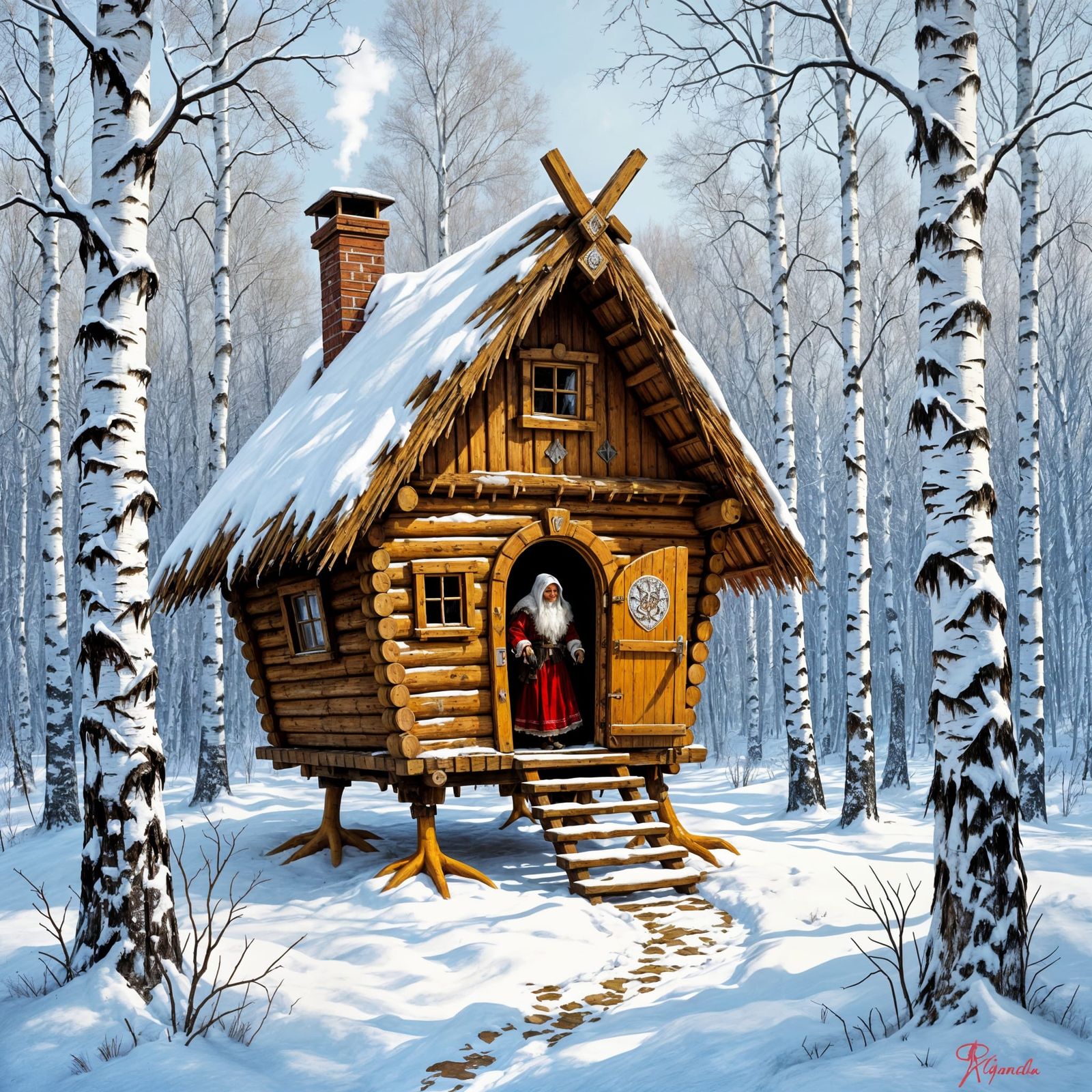 Baba Yaga's Forest Hut in Russian Landscape Oil Painting