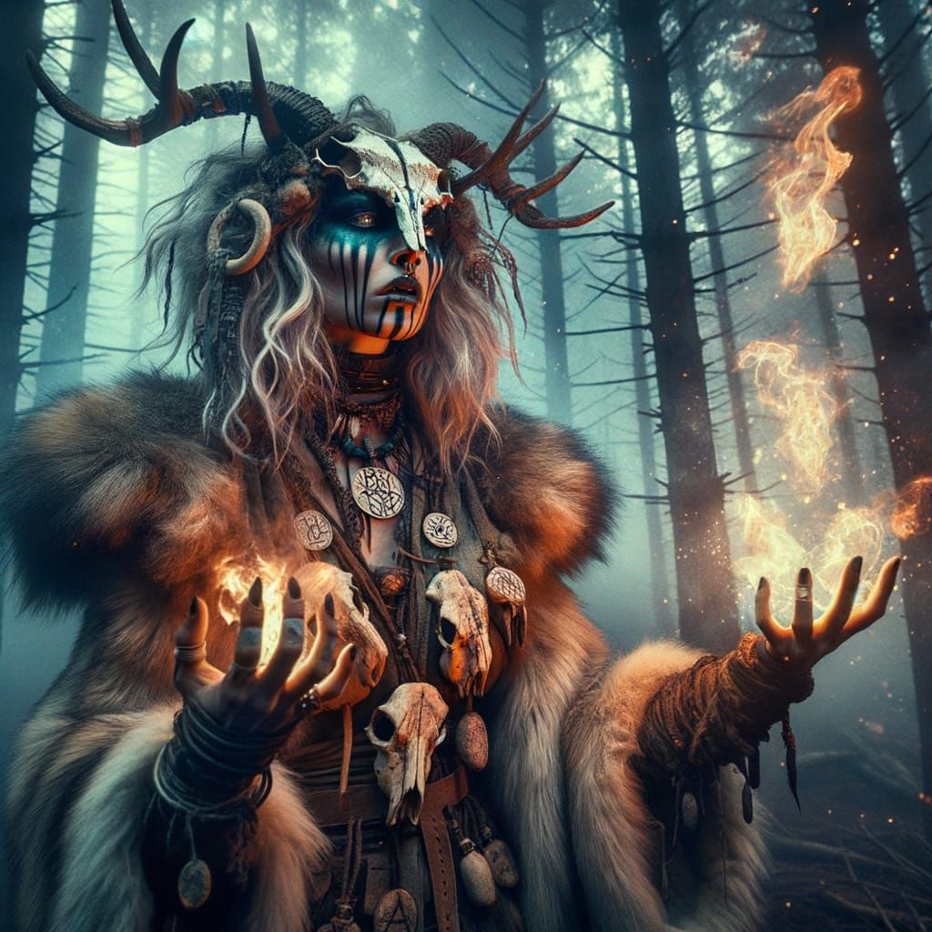 Ancient Seidr Priestess Performs Ritual in Mystical Wilderne...