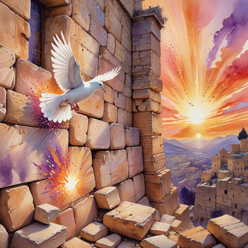 Western Wall at Sunset in Expressive Watercolor with Dove