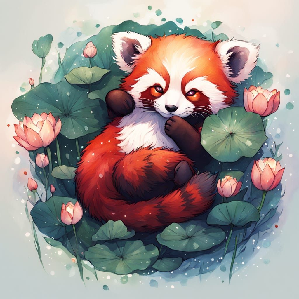 Lost Red Panda Cub in Giant Lotus, Ethereal Fantasy Art