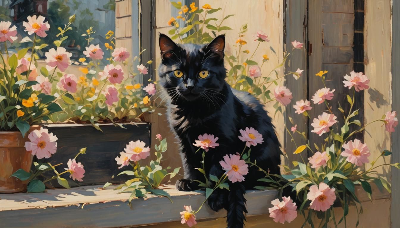 Black Kitten on Windowsill in Impressionist Style