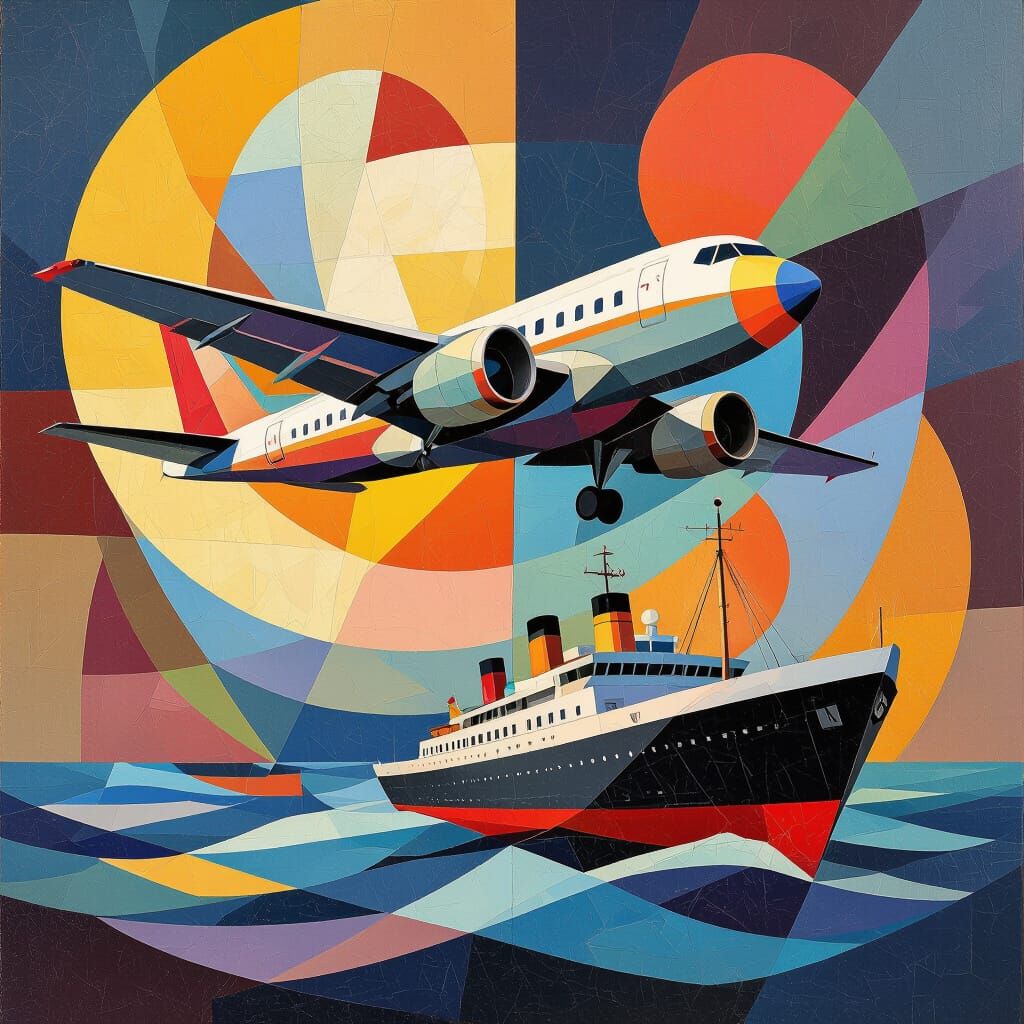 Cubist Plane and Ship Artwork with Geometric Overlap