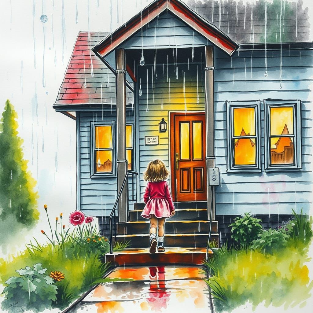 Colorful Watercolor Girl Walking in the Rain