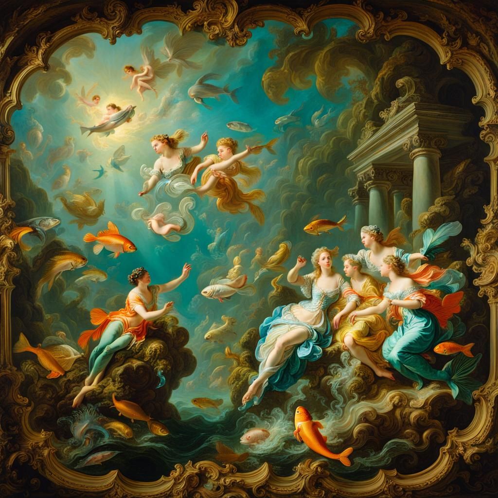 Rococo Underwater Scene with Mermaids, Oil Painting