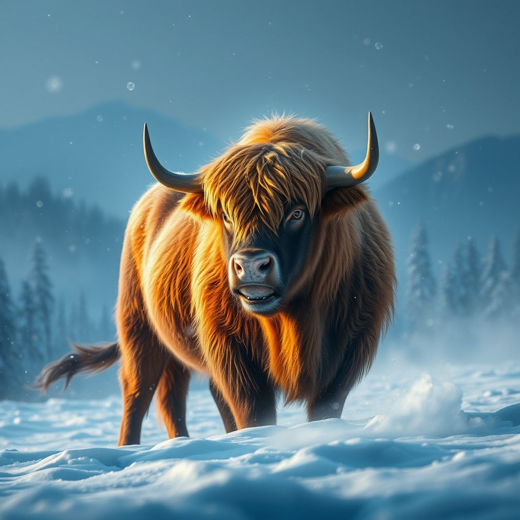 Majestic Bull in Snowy Landscape, Ethereal Light