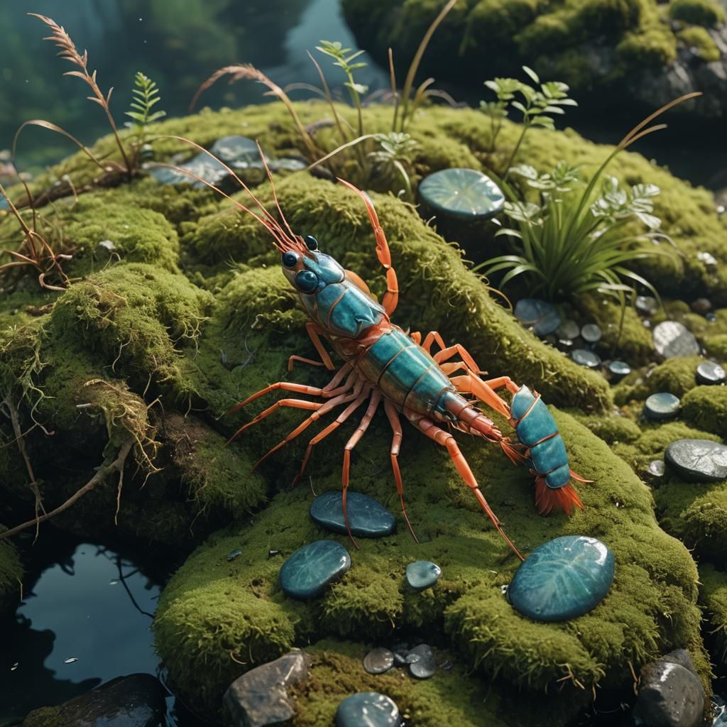 Wise Shrimp on Mossy Rock in Hyperrealistic Style