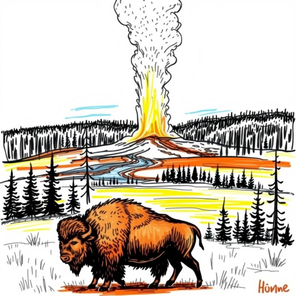 Yellowstone Landscape: Doodle Art with Old Faithful