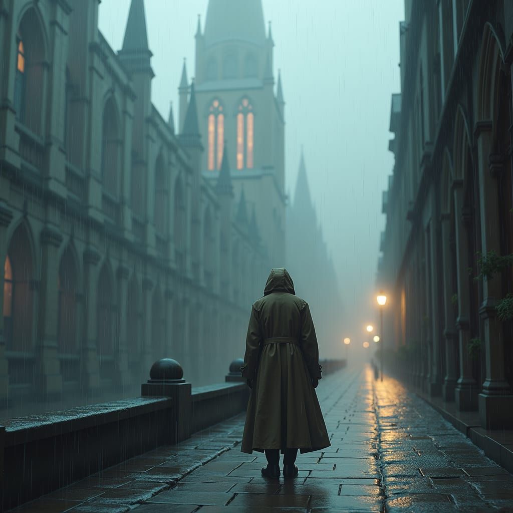 Mystical Cityscape: A Figure in the Rain