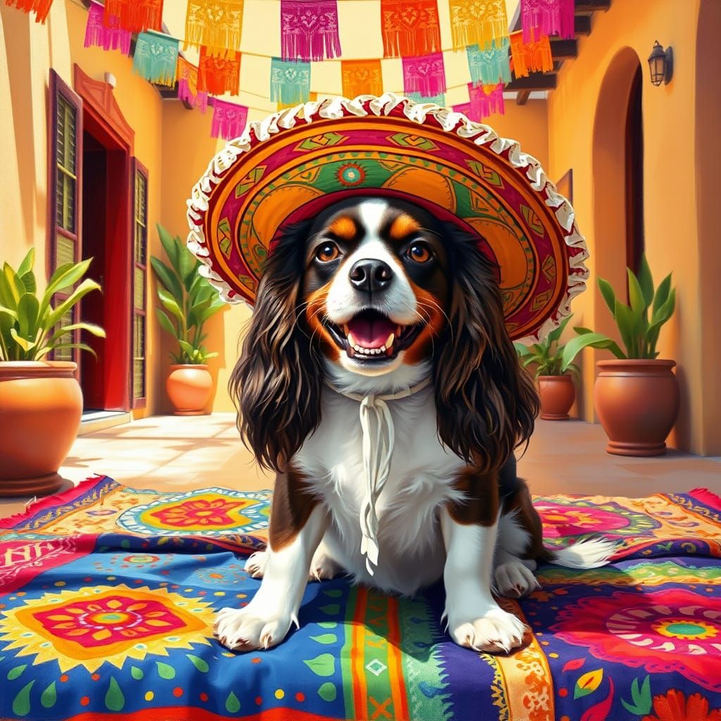 Cavalier King Charles Spaniel in Sombrero, Oil Painting