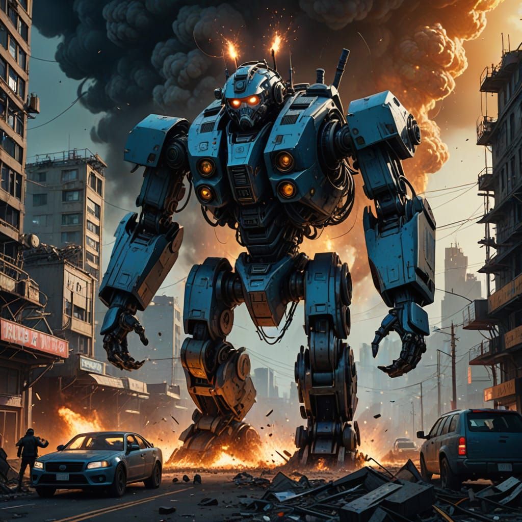 Colossal Robot Destroys City with Minions in Futuristic Chao...