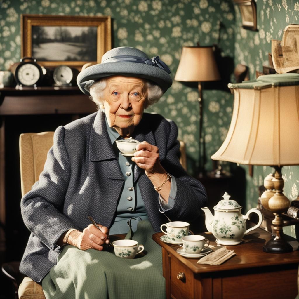 Miss Marple is drinking her cup of tea in her cozy room