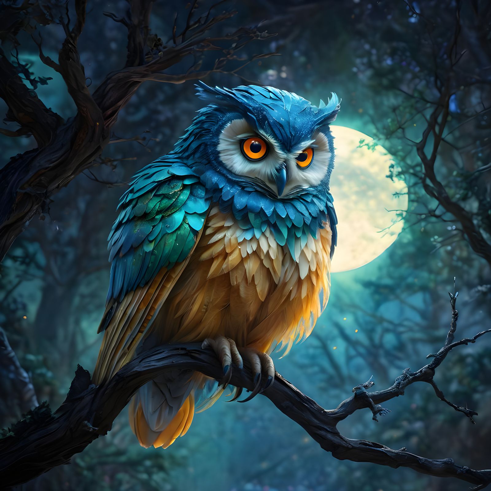 Mystical Owl with Iridescent Eyes in Moonlit Forest