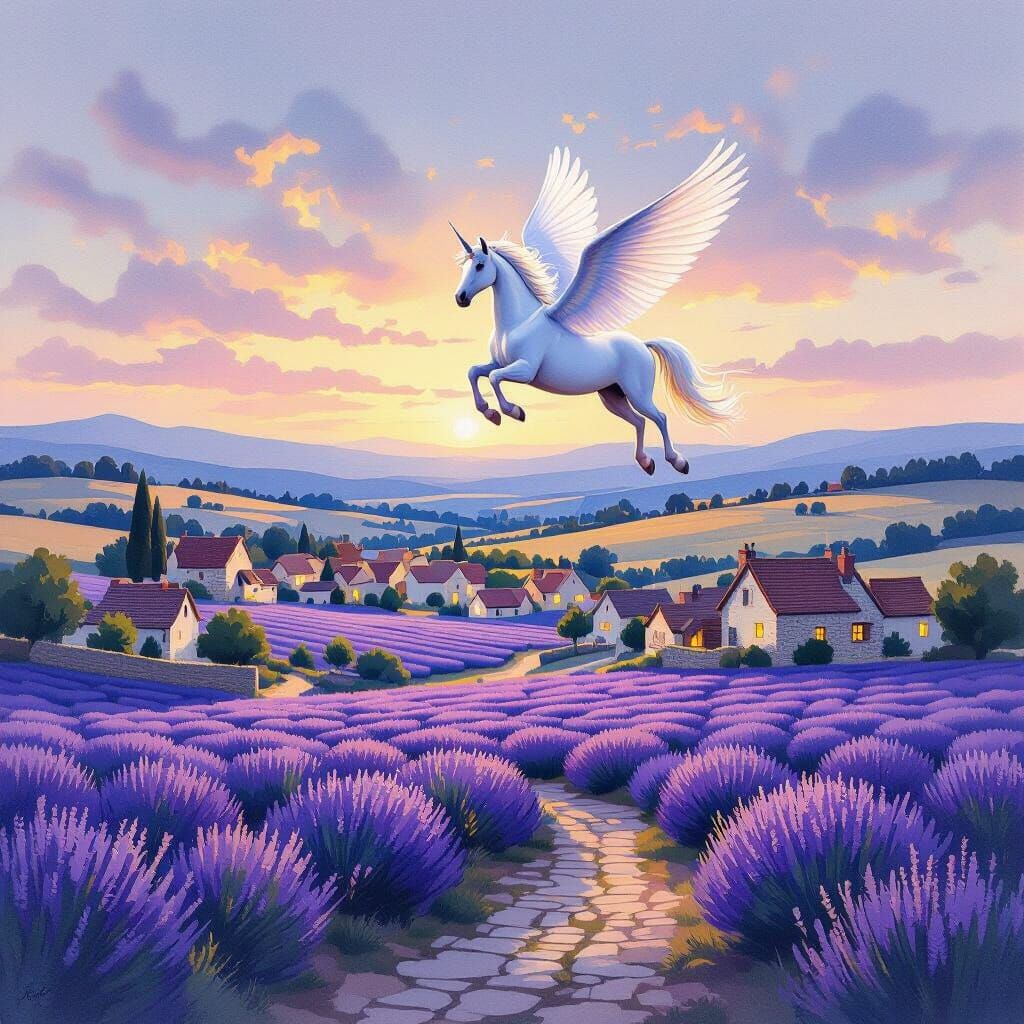 Pegasus Soaring Over Lavender Field: Watercolor Painting
