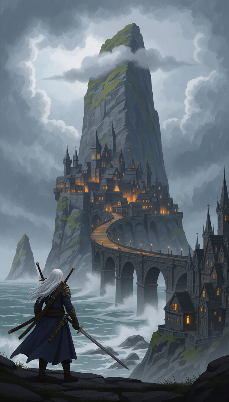 Warrior Gazes at Aretuza: Fantasy Concept Art