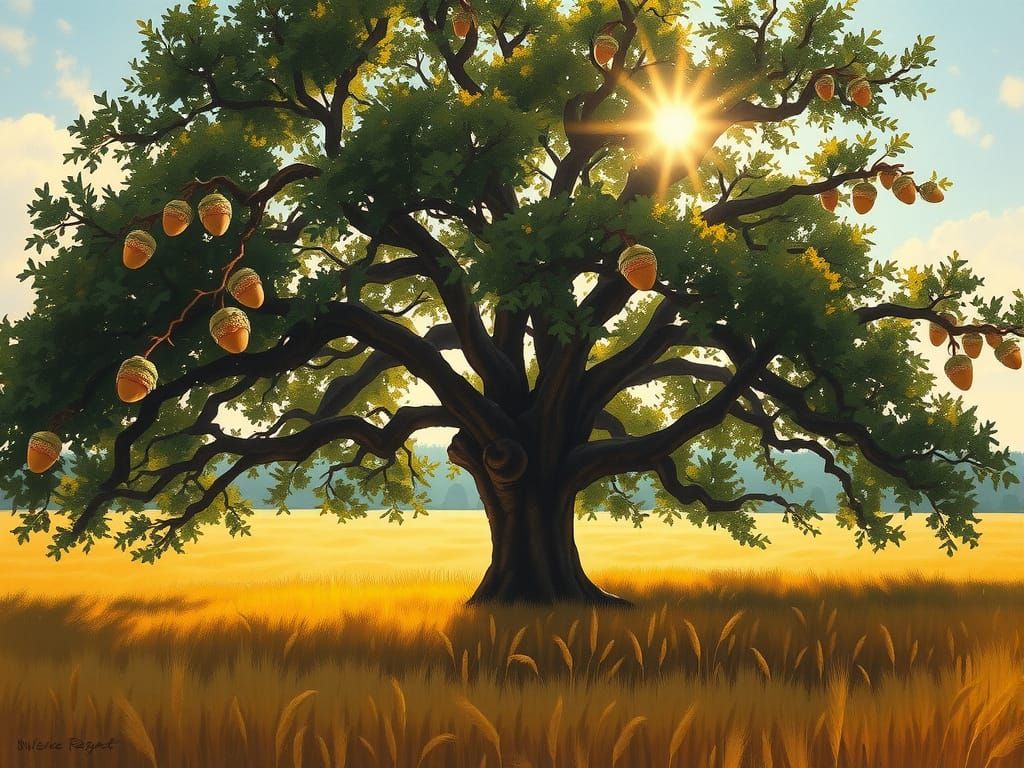 Ancient Oak Tree in Golden Field at Sunset