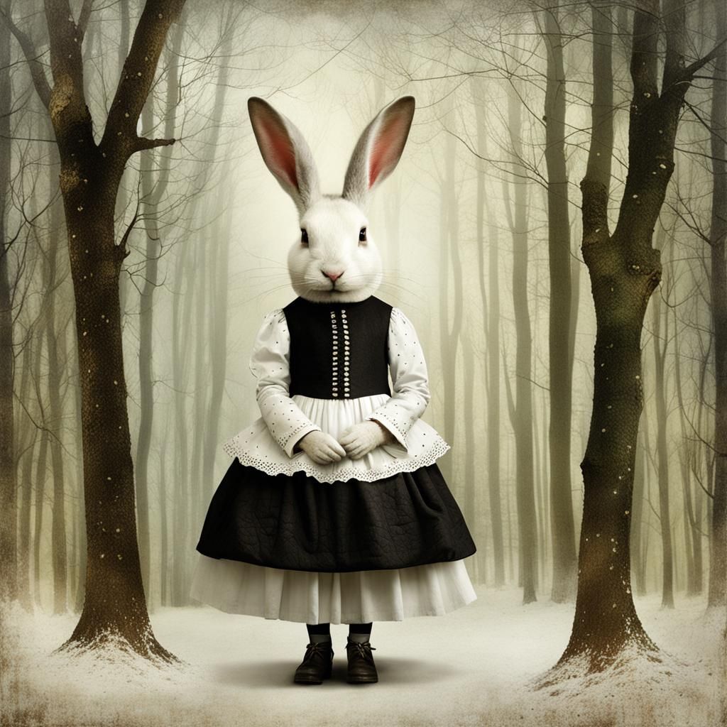 Surreal White Rabbit in Enchanted Forest