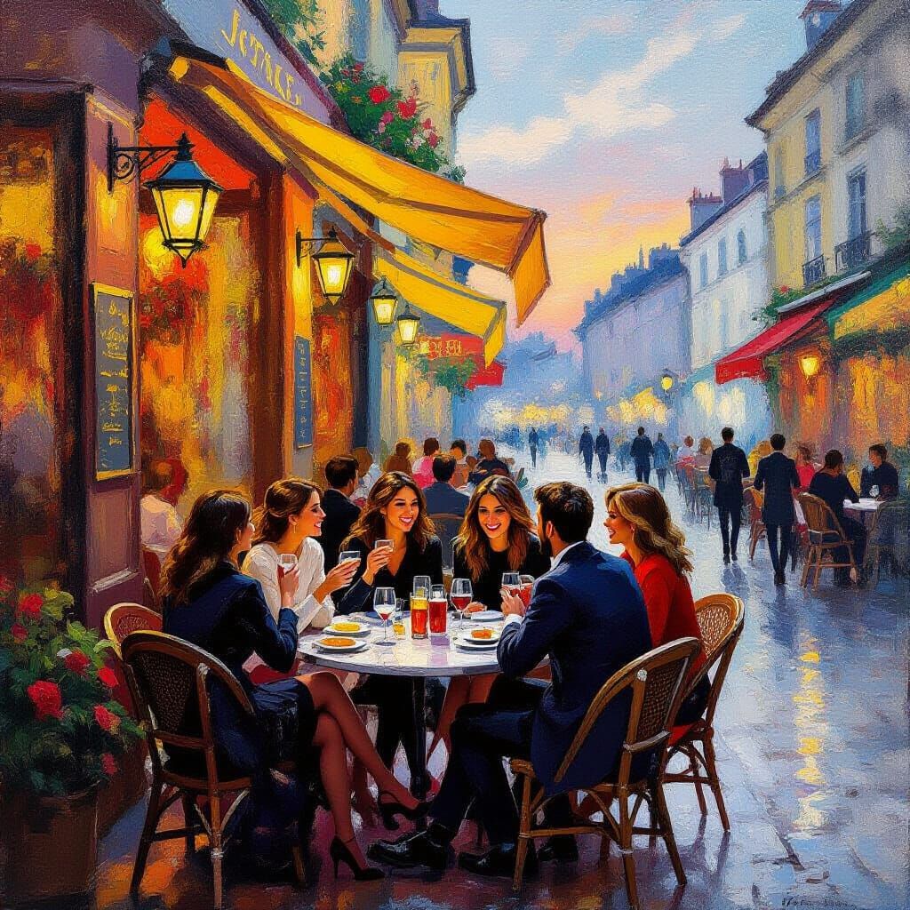 Joyful Friends Gather at Dusk Restaurant in Impressionist St...