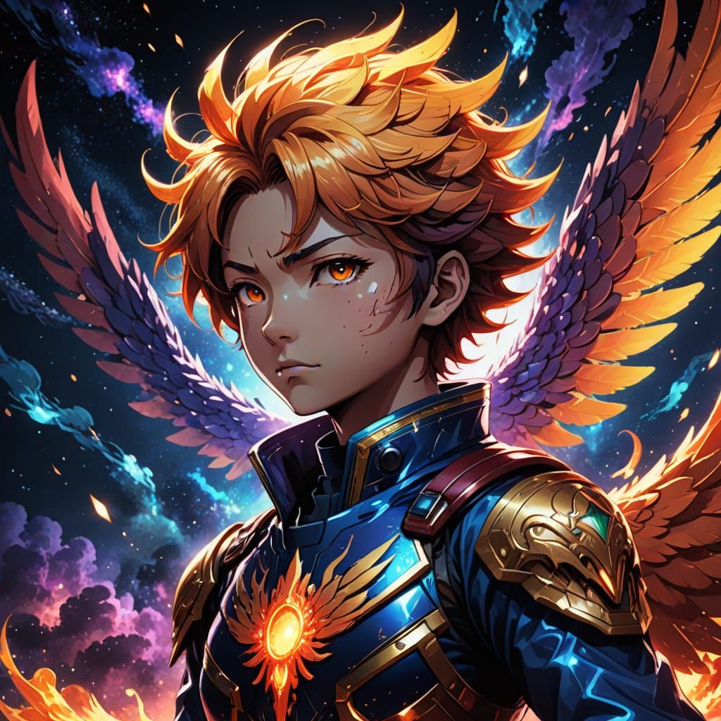 Cosmic Chibi Phoenix Rises in Vibrant Anime Style