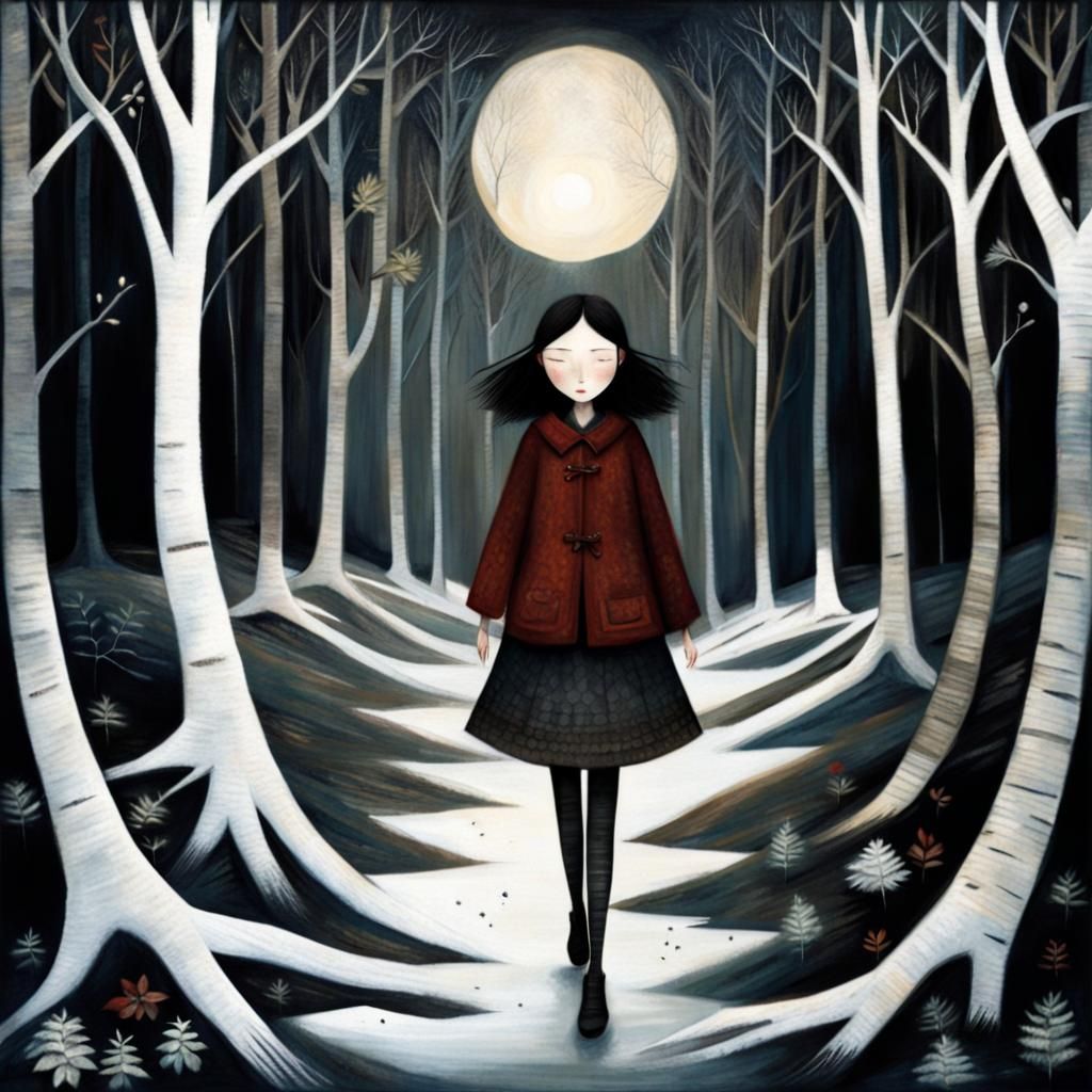 Girl Walking in Pretty Dark Forest