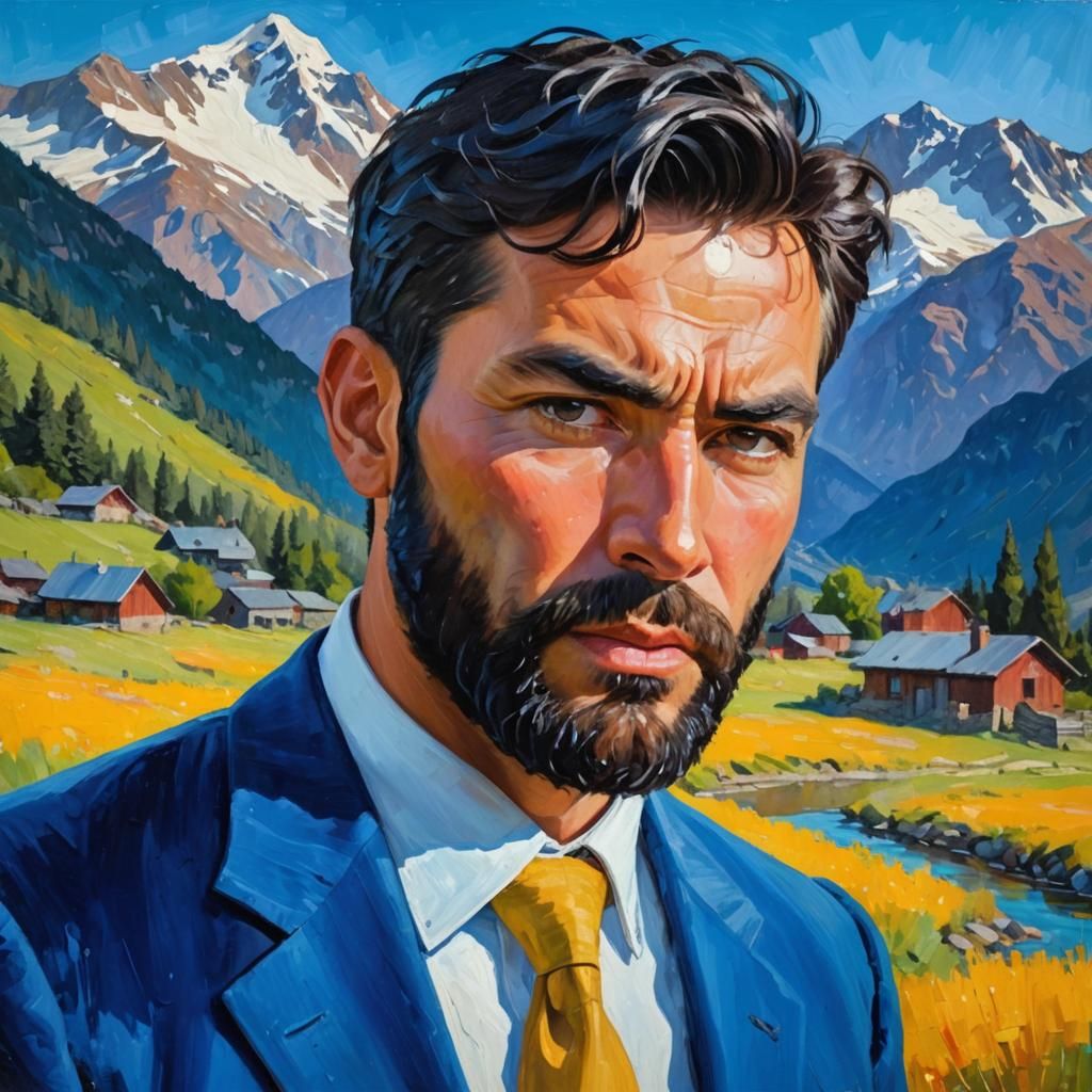 Furious Man in Mountain Landscape, as Oil Painting