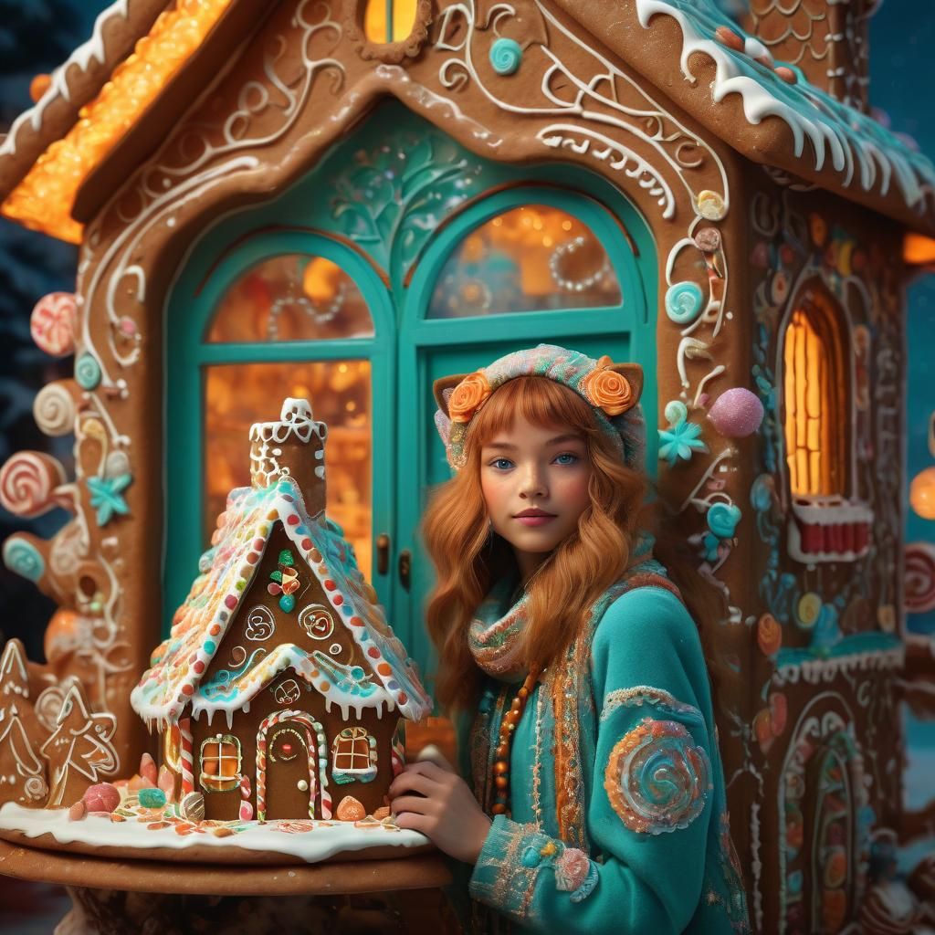 Groovy Boho Woman Stands Beside Enchanting Gingerbread House