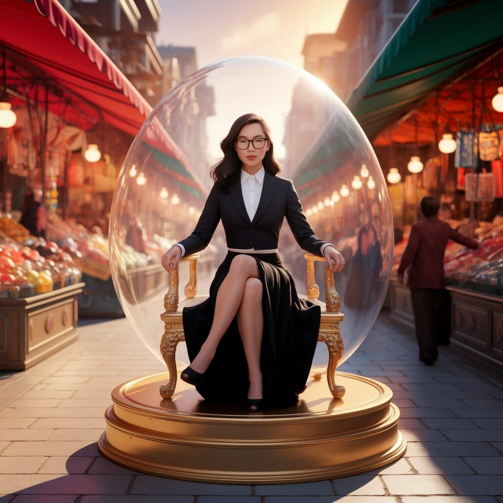 Ethereal Goddess on Golden Throne within Glowing Egg