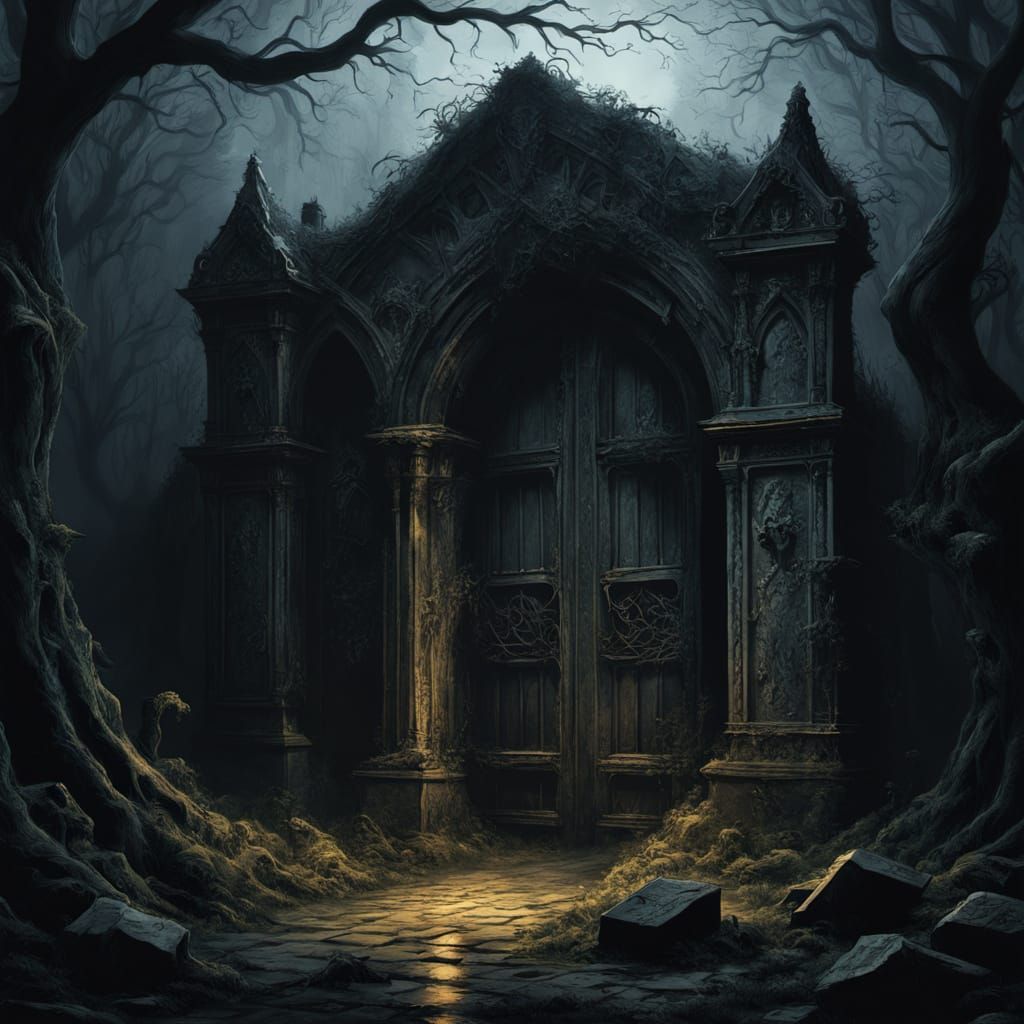 Mysterious Oak Doors Amidst Ancient Ruins in a Dark Fantasy ...