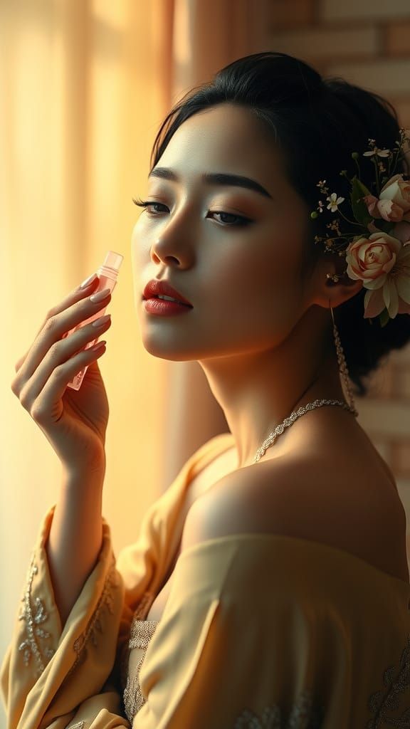 Elegant Woman in Soft Focus, Golden Lighting, and Art Nouvea...