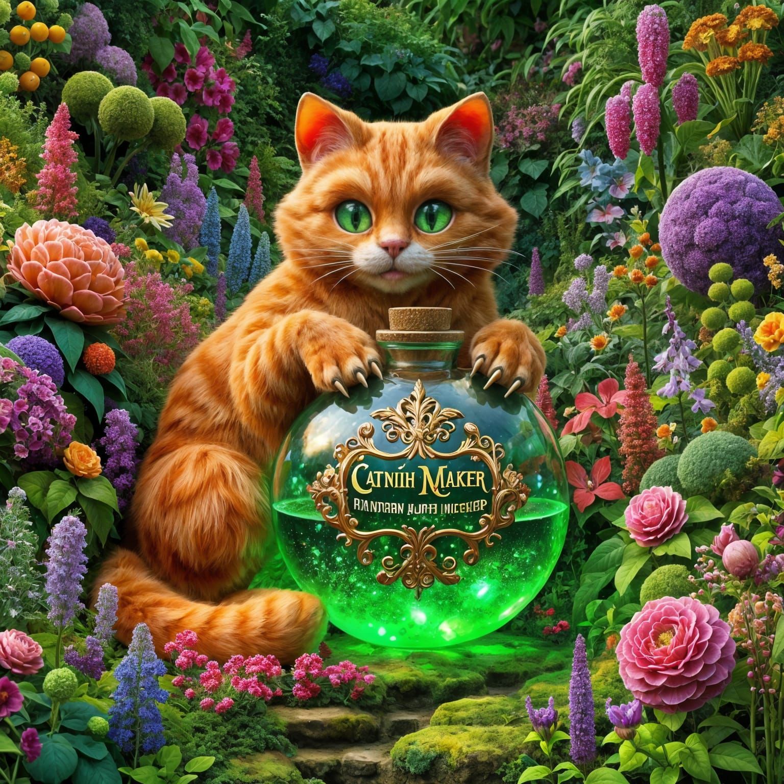 Orange Cat Holding Magical Catnip Potion in Garden