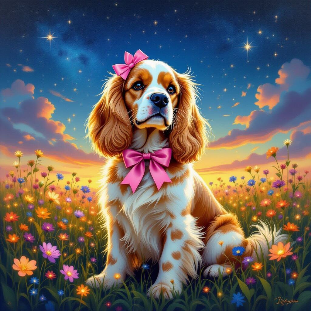 Golden Cocker Spaniel in Starry Field of Flowers