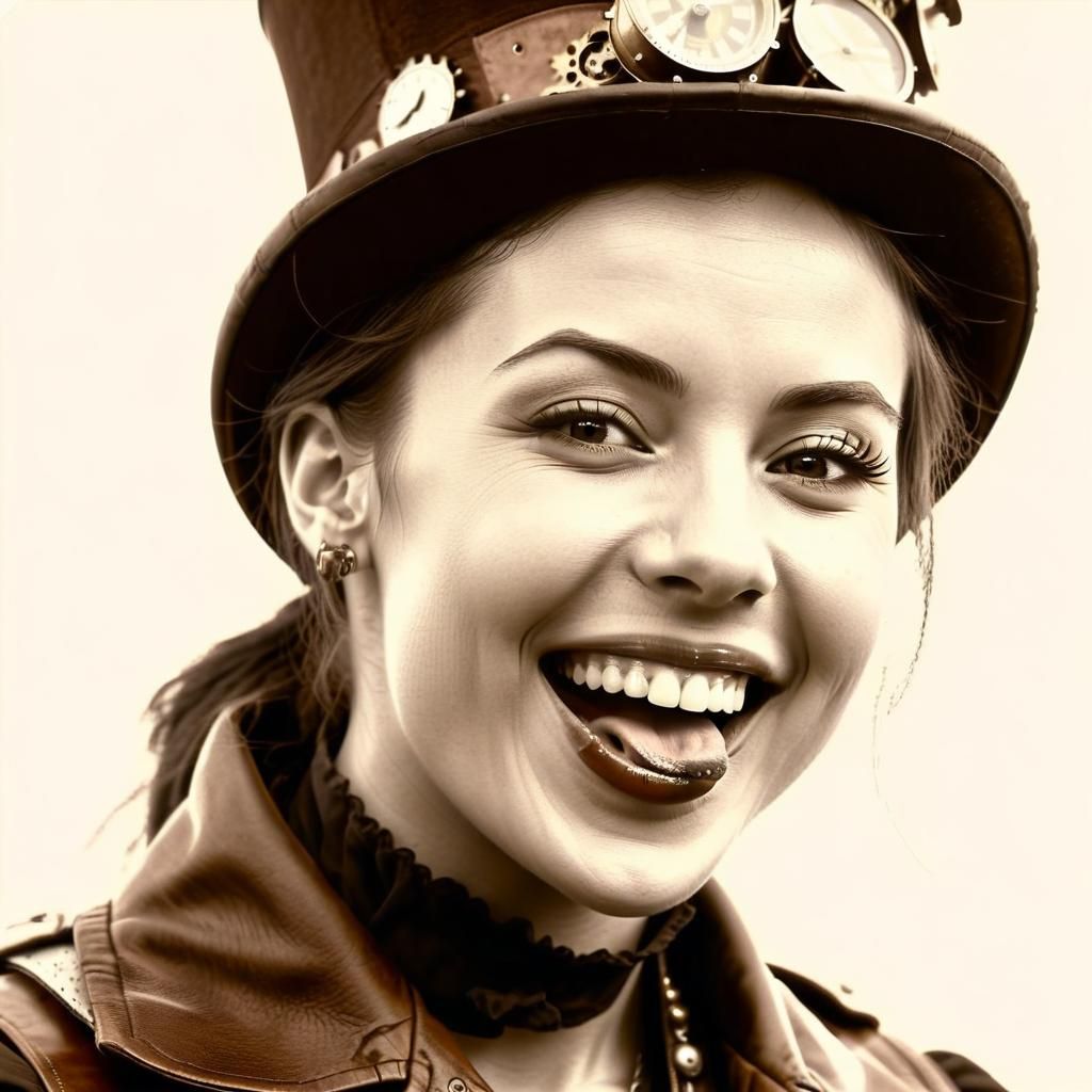 Steampunk Woman Sticking Tongue Out: Historical Sepia Photo