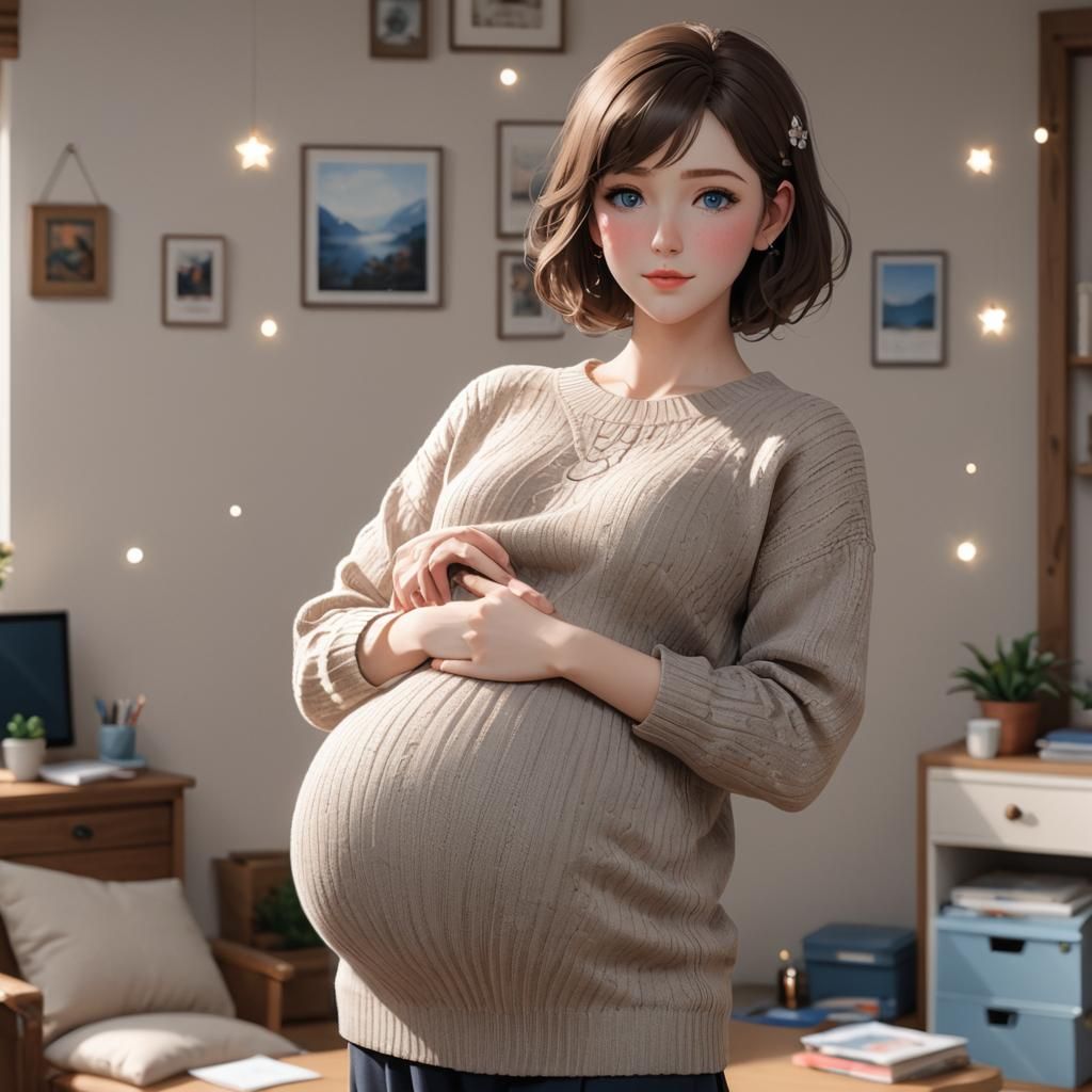 Pregnant Girl in Decorated Room: 3D Anime Art