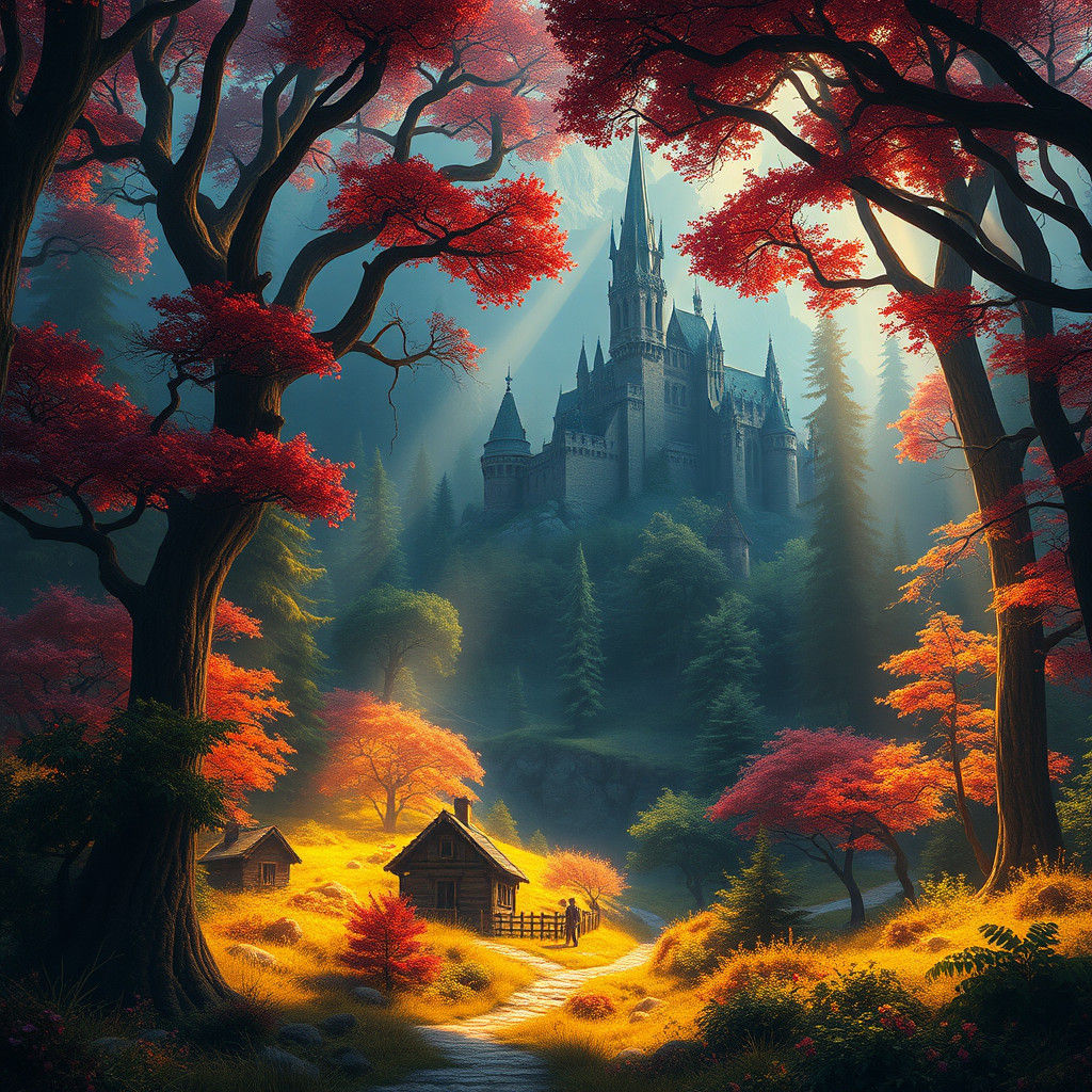 Mystical Forest Village and Castle: Fantasy Landscape