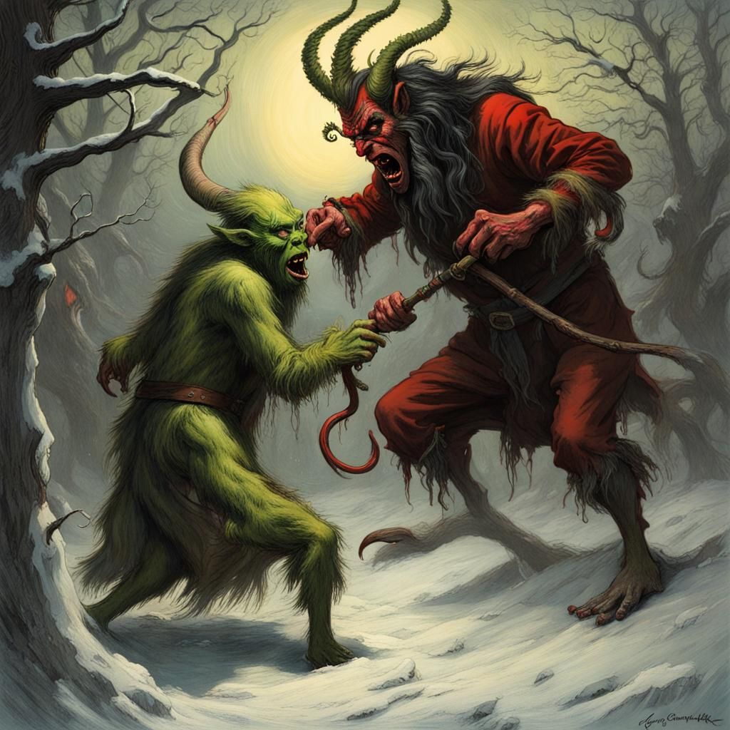 Demonic Grinch vs Evil Krampus in Horror Style