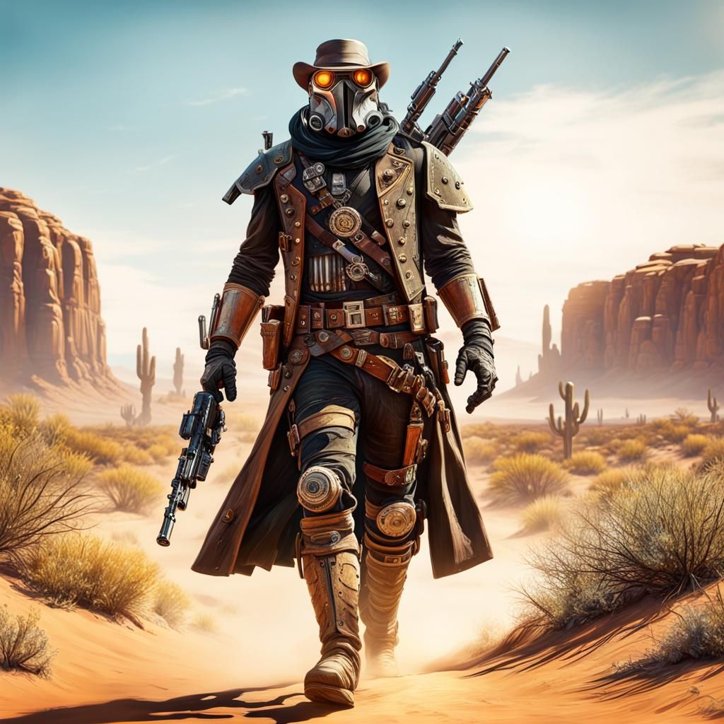 Steampunk Bounty Hunter on Desert Trail in Cinematic Realism