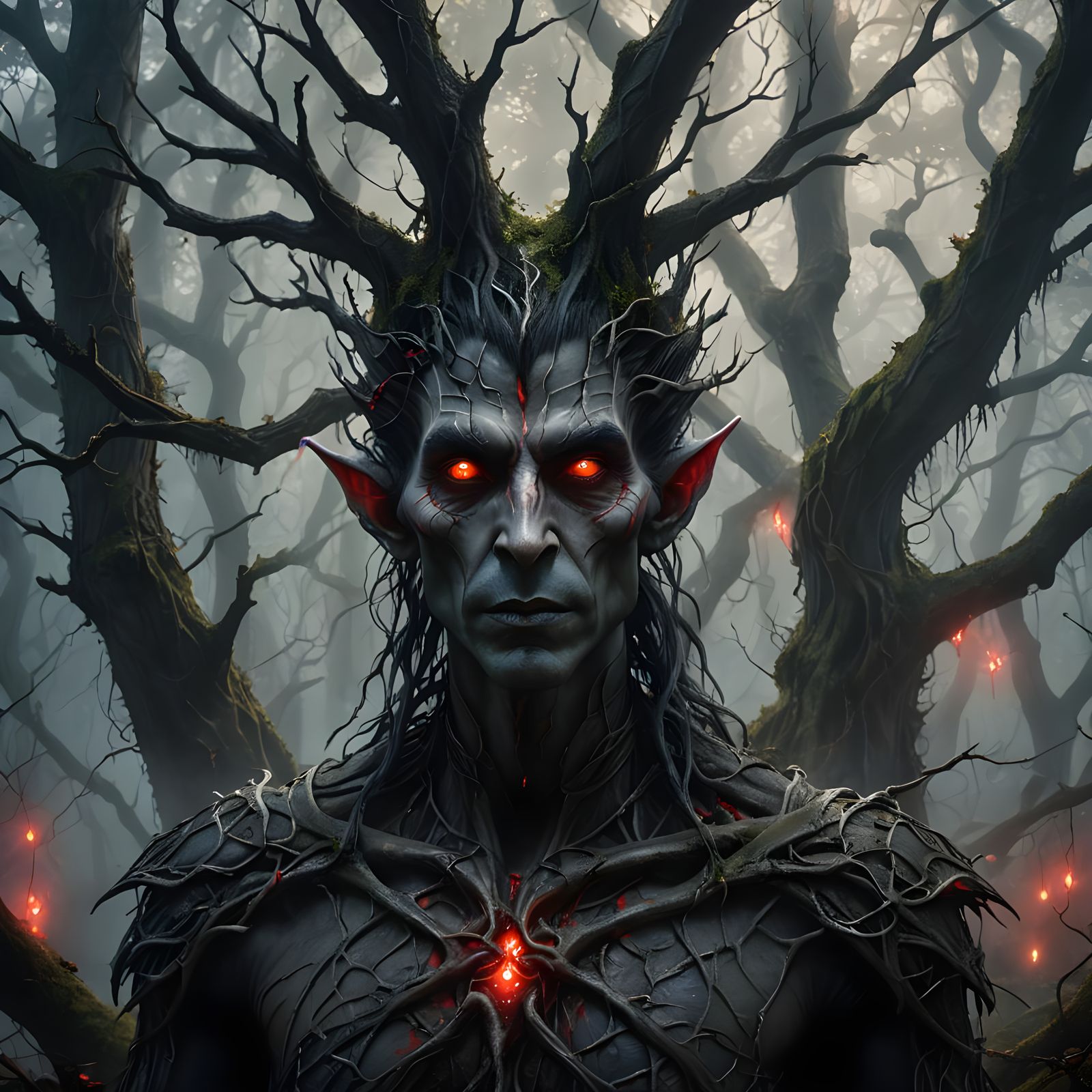 Eerie Dark Elf in Macabre Fantasy Forest